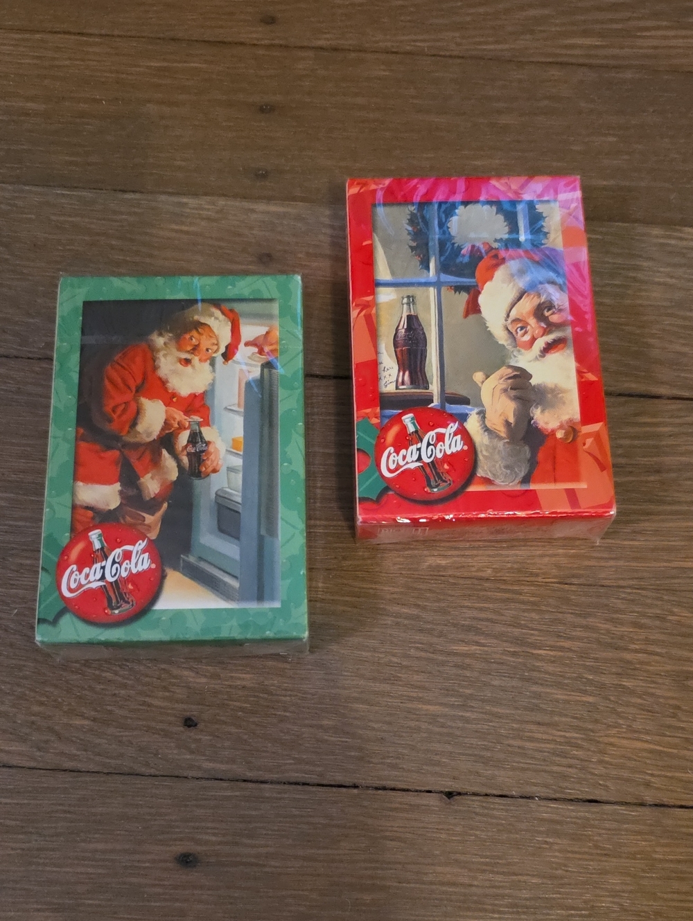 Coca-Cola Bicycle Santa Holiday Playing Card Decks - NEW. Set Of 2 Red & Green